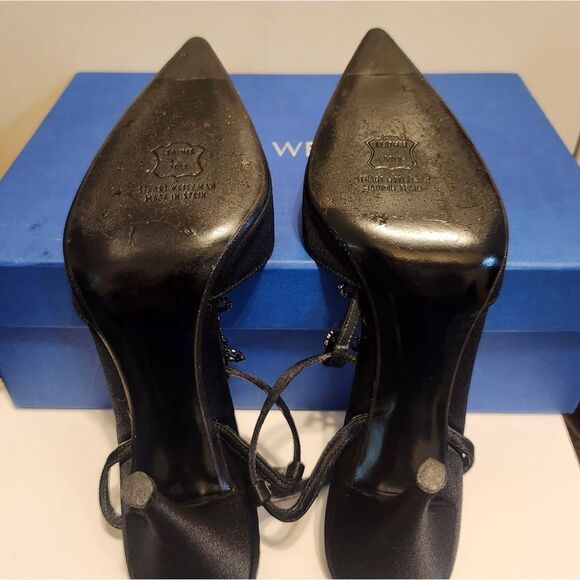 (image for) Stuart Weitzman Black Satin Crystal Rhinestone Jeweled T-strap Pumps Sz.8 $425